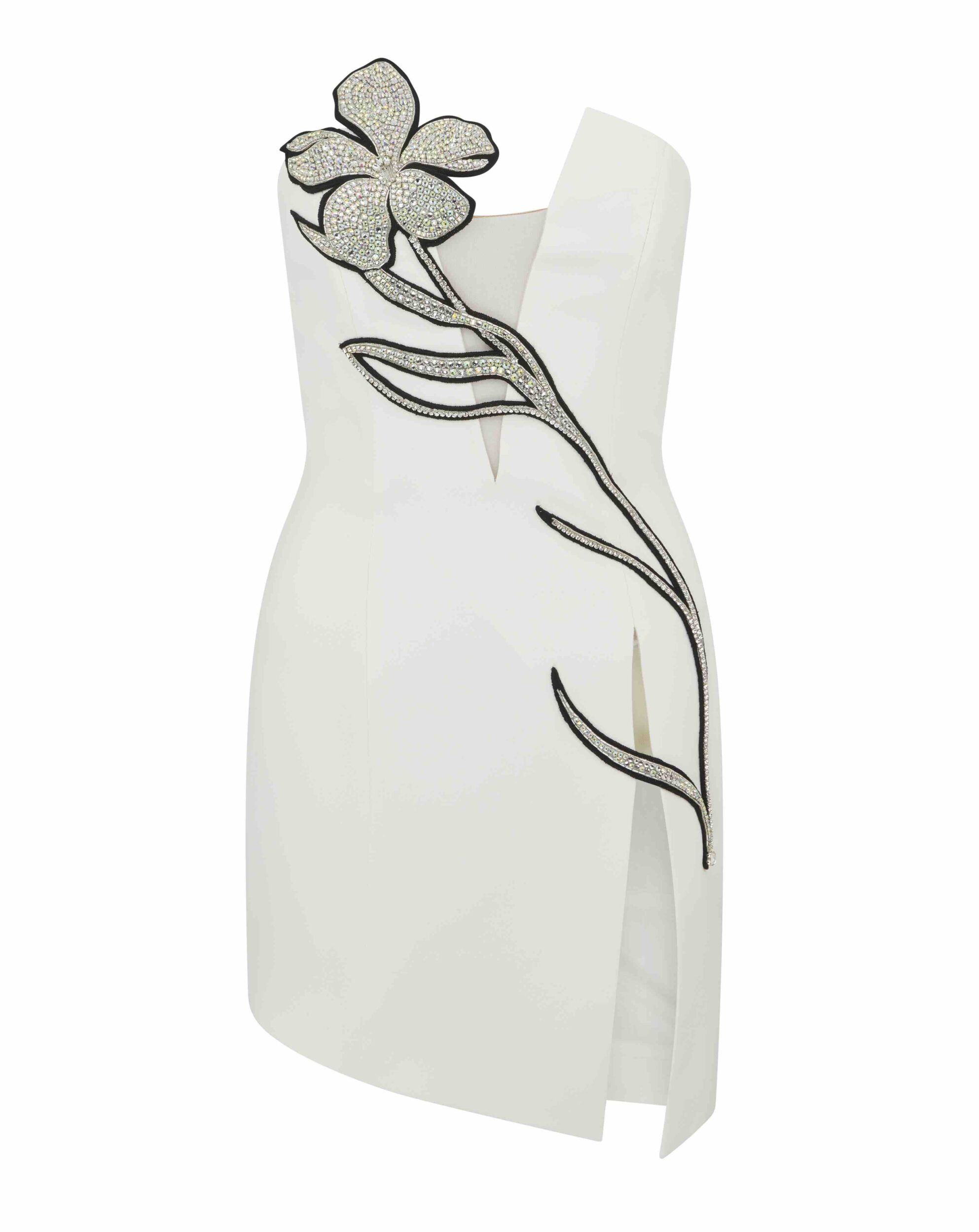 CRYSTAL FLOWER APPLIQUE TAILORED MINI DRESS IN WHITE