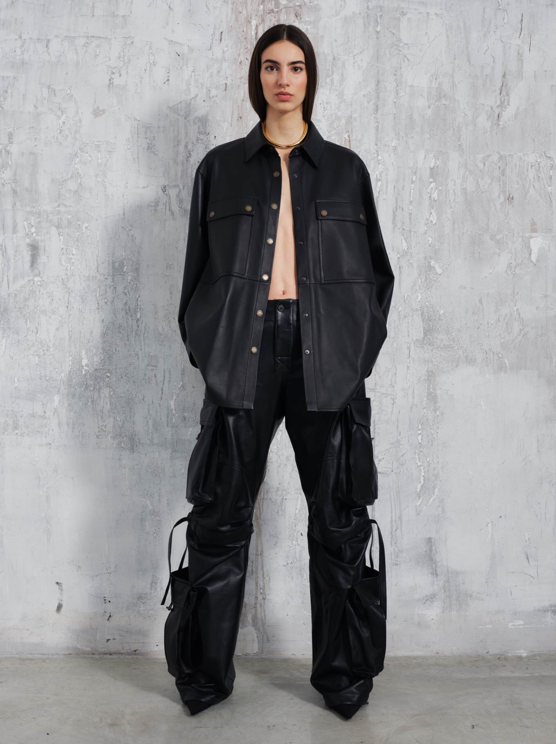 JULIE PLONGE NAPPA LEATHER OVERSIZED SHIRT