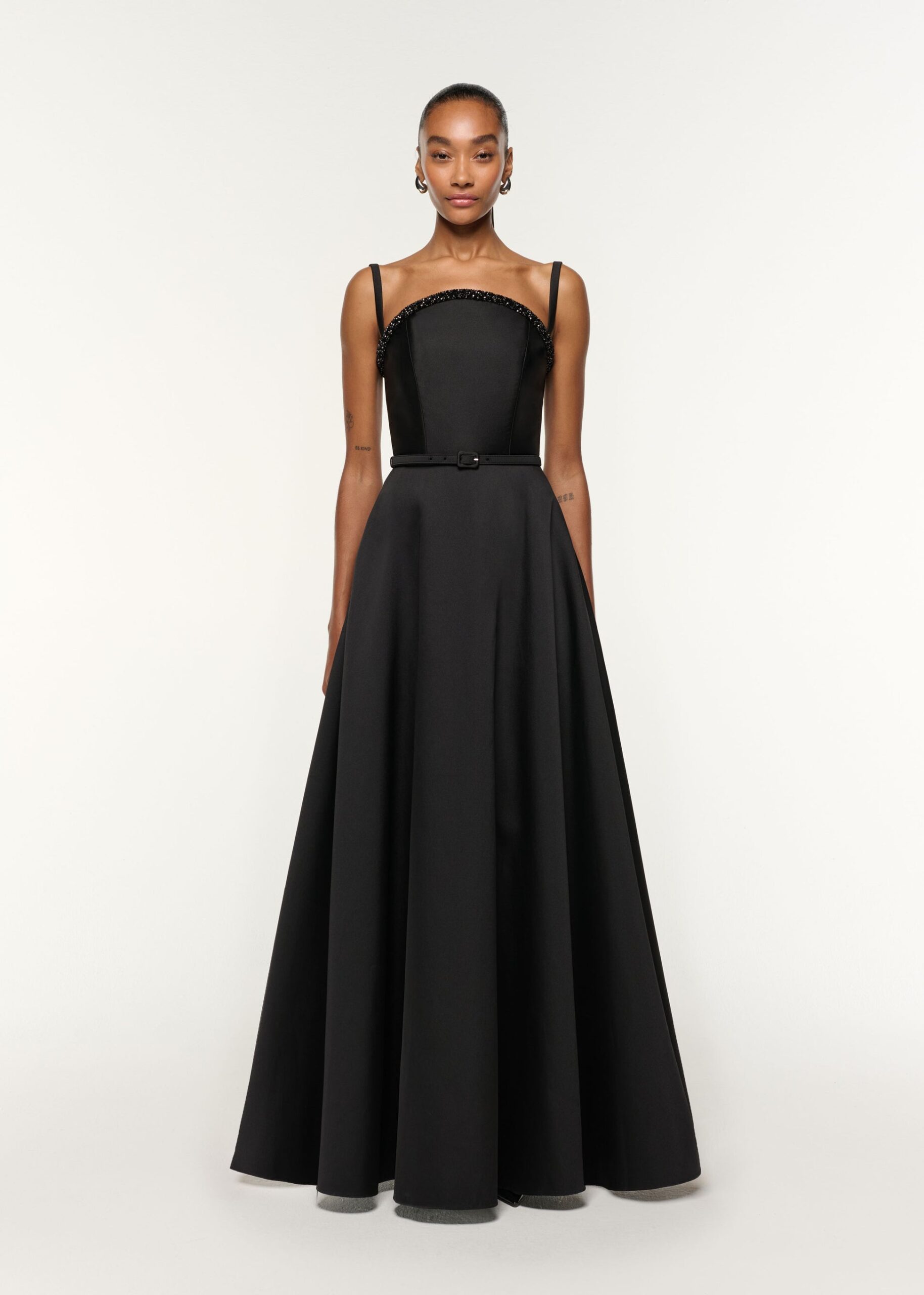 CURVED NECKLINE TAFFETA GOWN