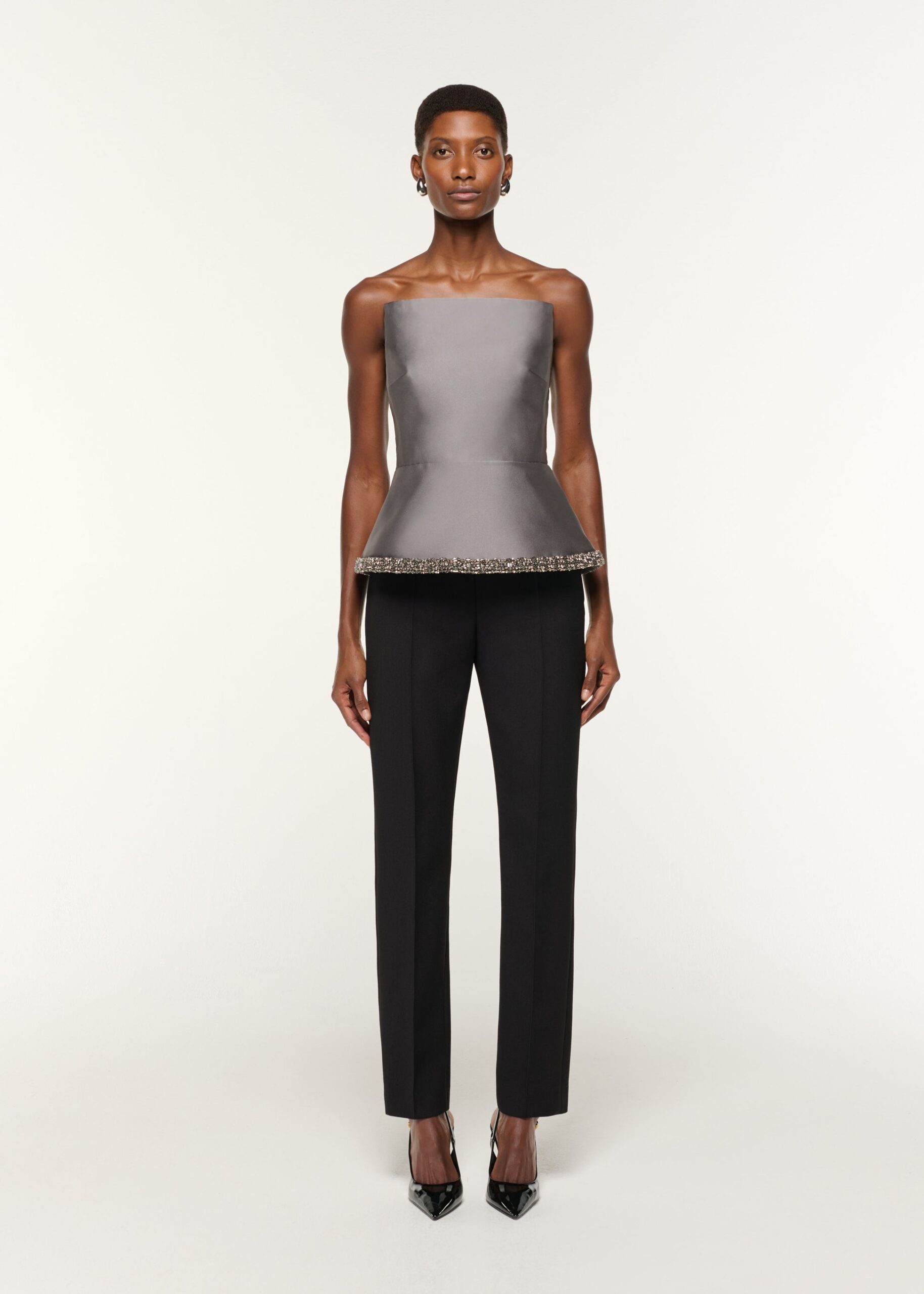 TAFFETA PEPLUM TOP WITH CRYSTAL TRIMMING