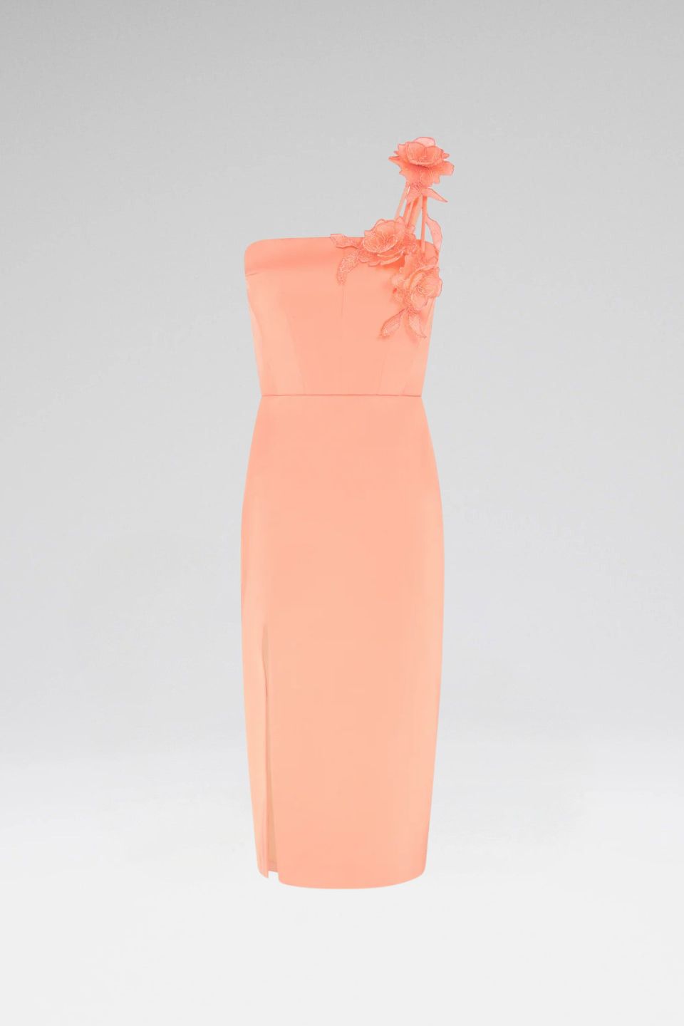 ASYMMETRIC LACE ROSE SATIN MIDI DRESS
