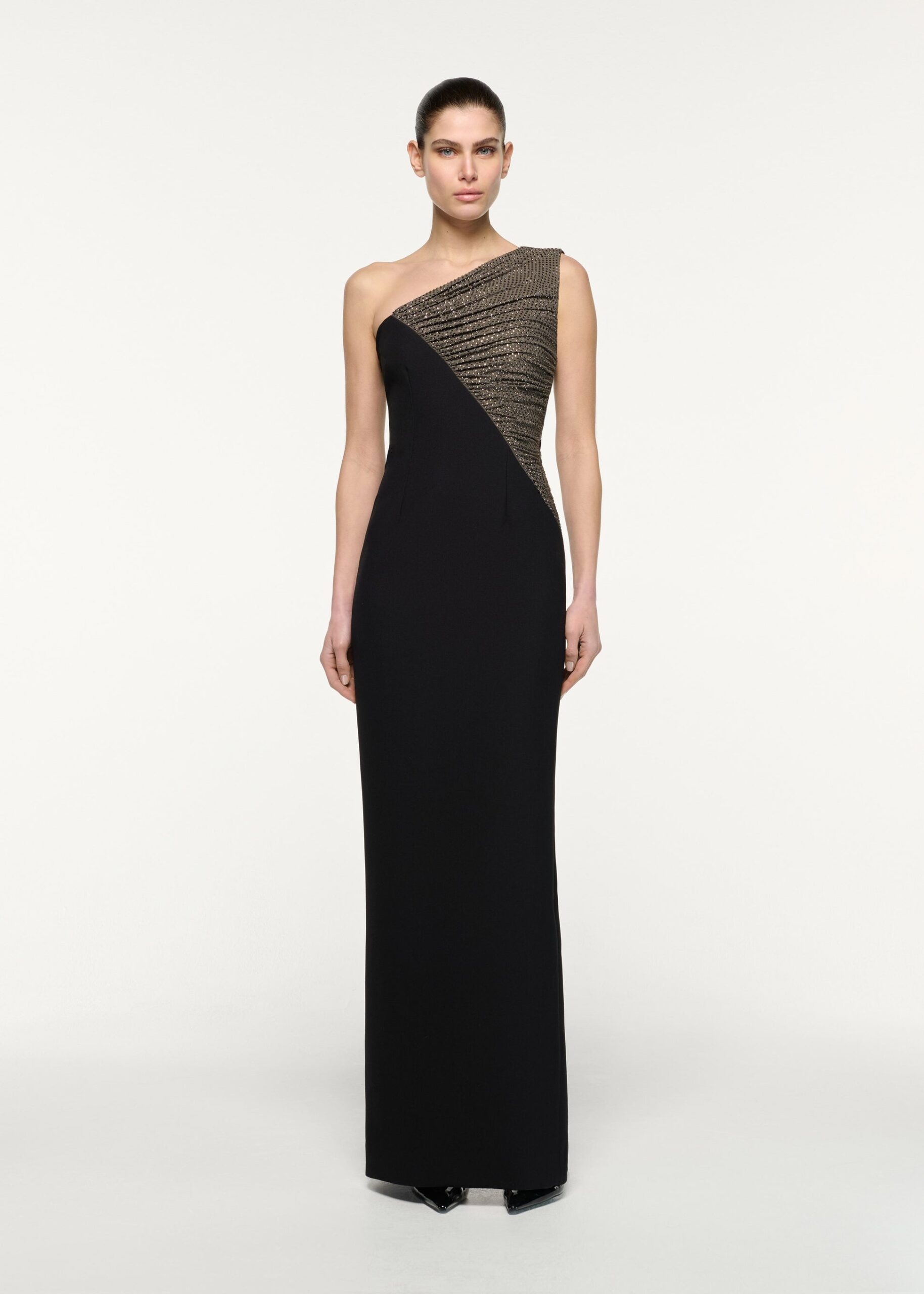 ASYMMETRIC DIAMANTE MAXI DRESS