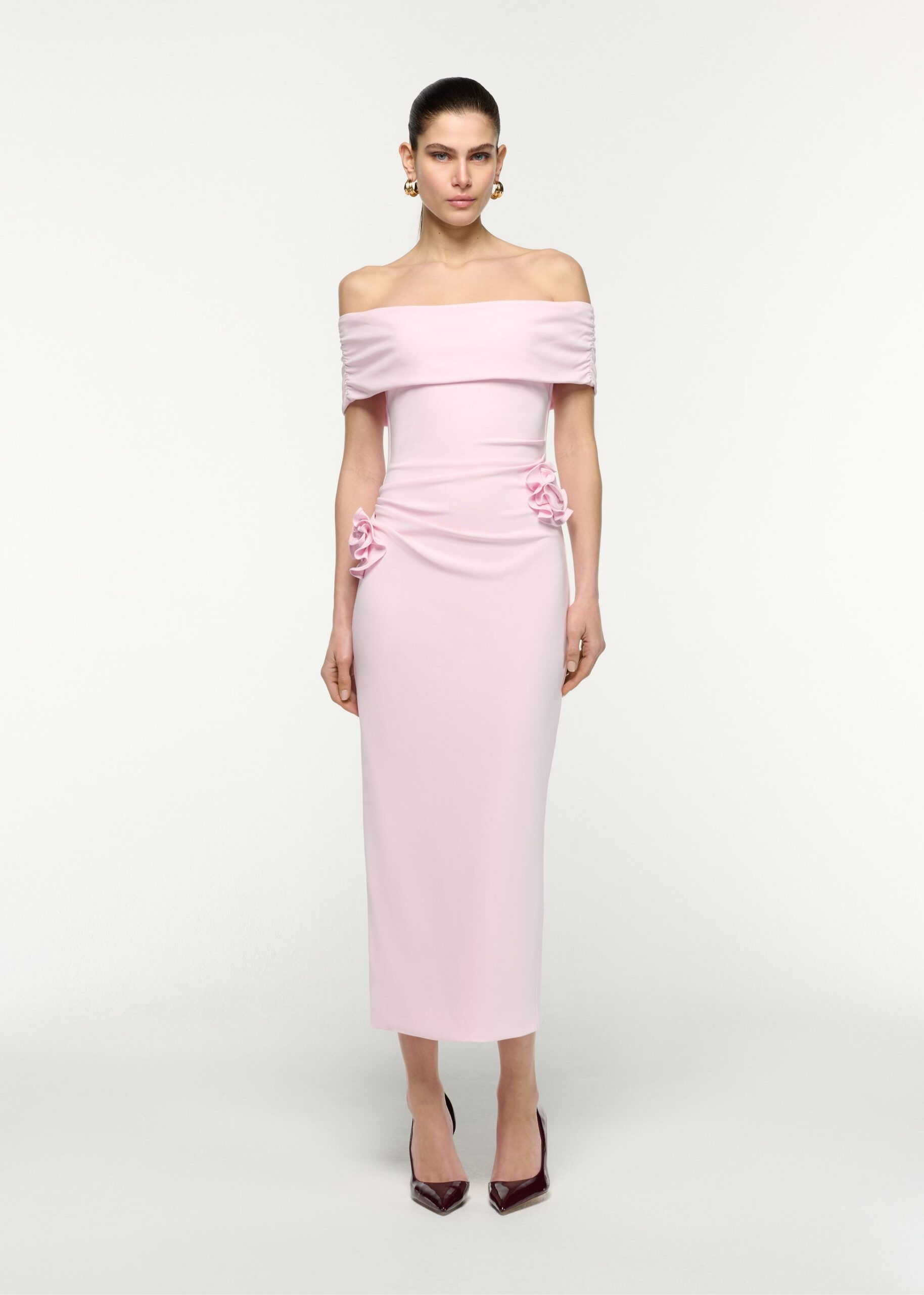 OFF THE SHOULDER FLOWER APPLIQUE MIDI DRESS
