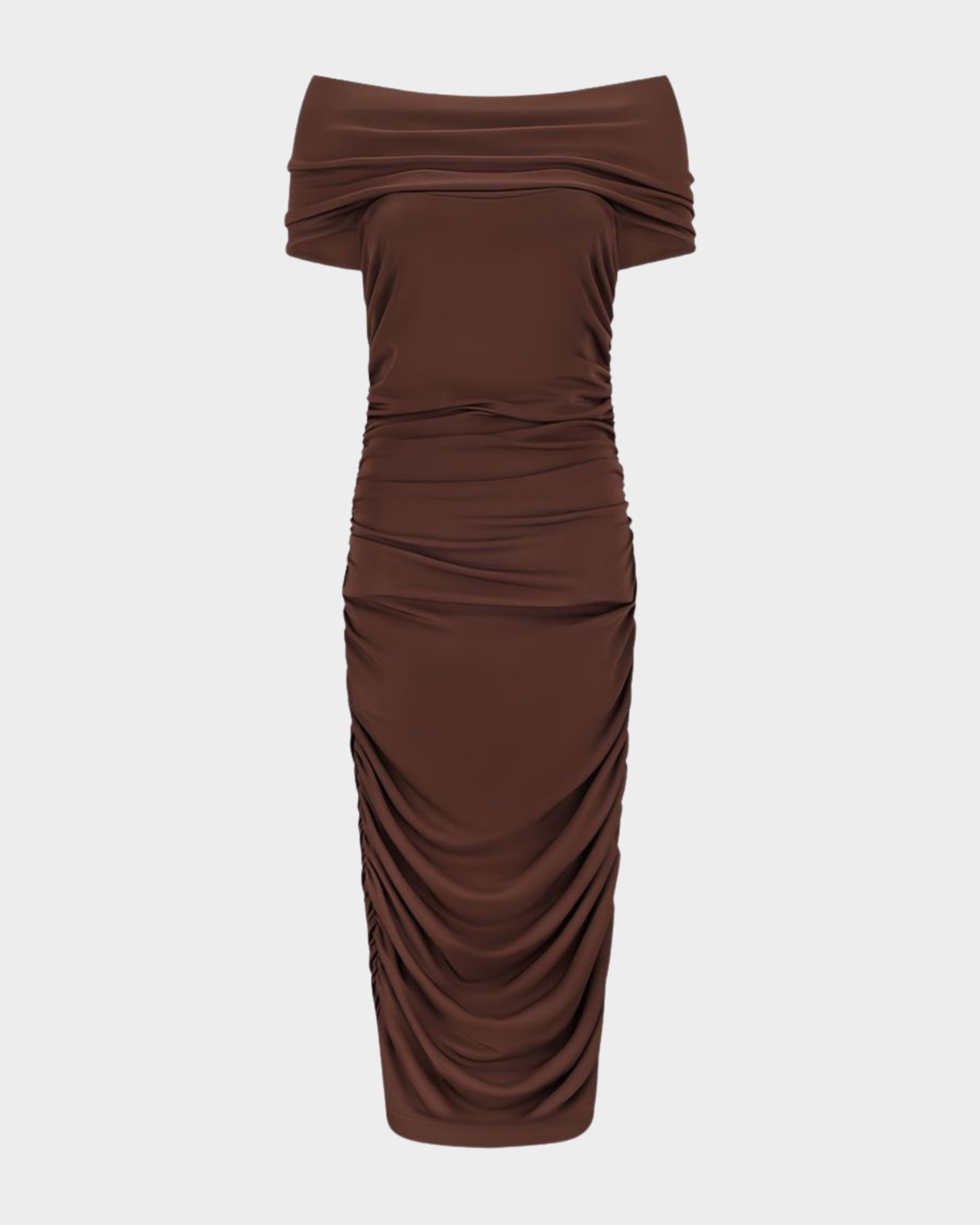 RUCHED OFF THE SHOULDER MIDI DRESS